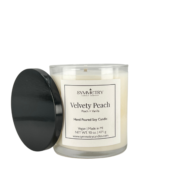 Our Velvety Peach candle carries an aroma of fresh peach blending perfectly with hints of mandarine, plum, and violet. We blend those fruity scents with nuanced layers of vanilla and bourbon to create a rich, sweet, sultry scent. Edit alt text