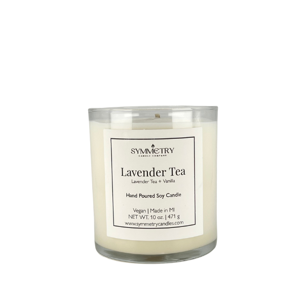 Our Lavender Tea candle will help calm your mind, ease your worries, and lighten your mood. Our unique blend of lavender, chamomile, and white tea is infused with warm vanilla to create a relaxing atmosphere that helps you unwind after even the longest day.  Edit alt text