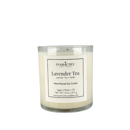 Our Lavender Tea candle will help calm your mind, ease your worries, and lighten your mood. Our unique blend of lavender, chamomile, and white tea is infused with warm vanilla to create a relaxing atmosphere that helps you unwind after even the longest day.  Edit alt text