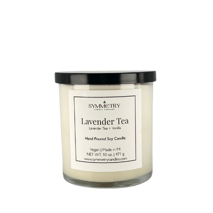 Our Lavender Tea candle will help calm your mind, ease your worries, and lighten your mood. Our unique blend of lavender, chamomile, and white tea is infused with warm vanilla to create a relaxing atmosphere that helps you unwind after even the longest day.  Edit alt text