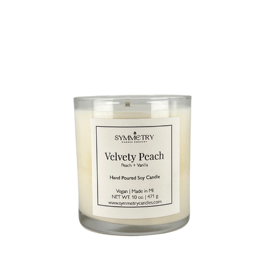 Our Velvety Peach candle carries an aroma of fresh peach blending perfectly with hints of mandarine, plum, and violet. We blend those fruity scents with nuanced layers of vanilla and bourbon to create a rich, sweet, sultry scent.  Edit alt text